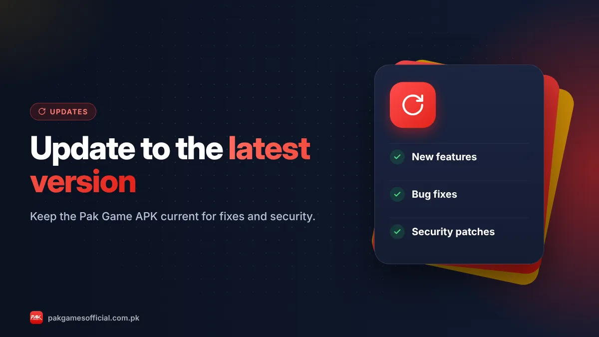 Pak Game latest version update banner showing an Android phone installing the new APK
